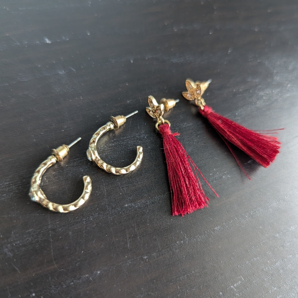 FREE W/ BUNDLE $25+ - H&M Burgundy Tassel & Gold Hoop Earrings Bundle